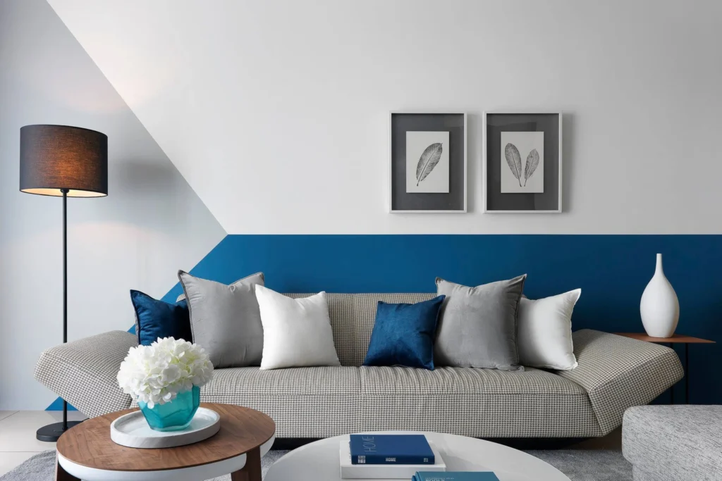 Deep Navy and Soft Peach in living room