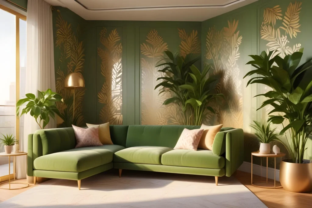 Olive Green and Muted Gold in living room