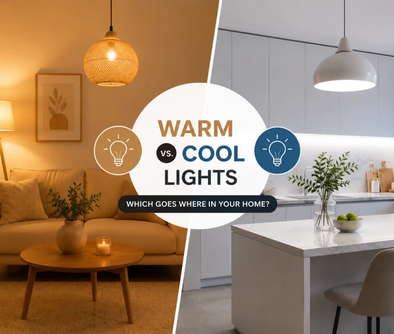 Interior design lighting comparison showing where warm and cool lights work best in a home.