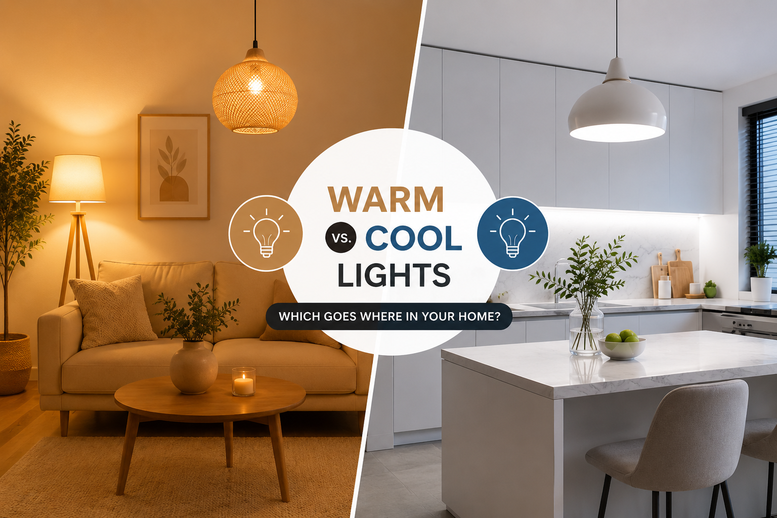 Interior design lighting comparison showing where warm and cool lights work best in a home.