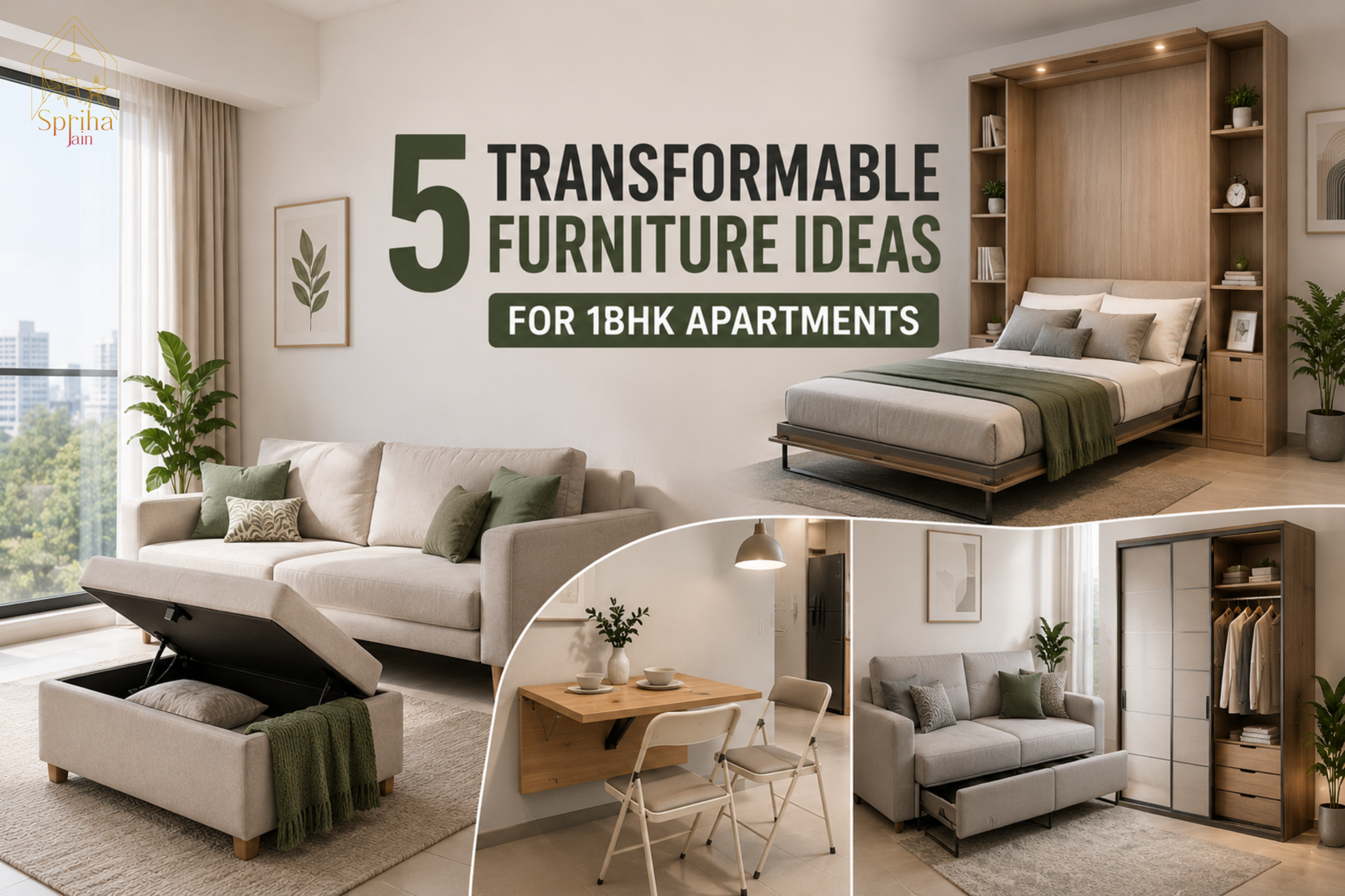 Modern 1BHK apartment featuring smart space-saving and transformable furniture ideas for stylish compact living.