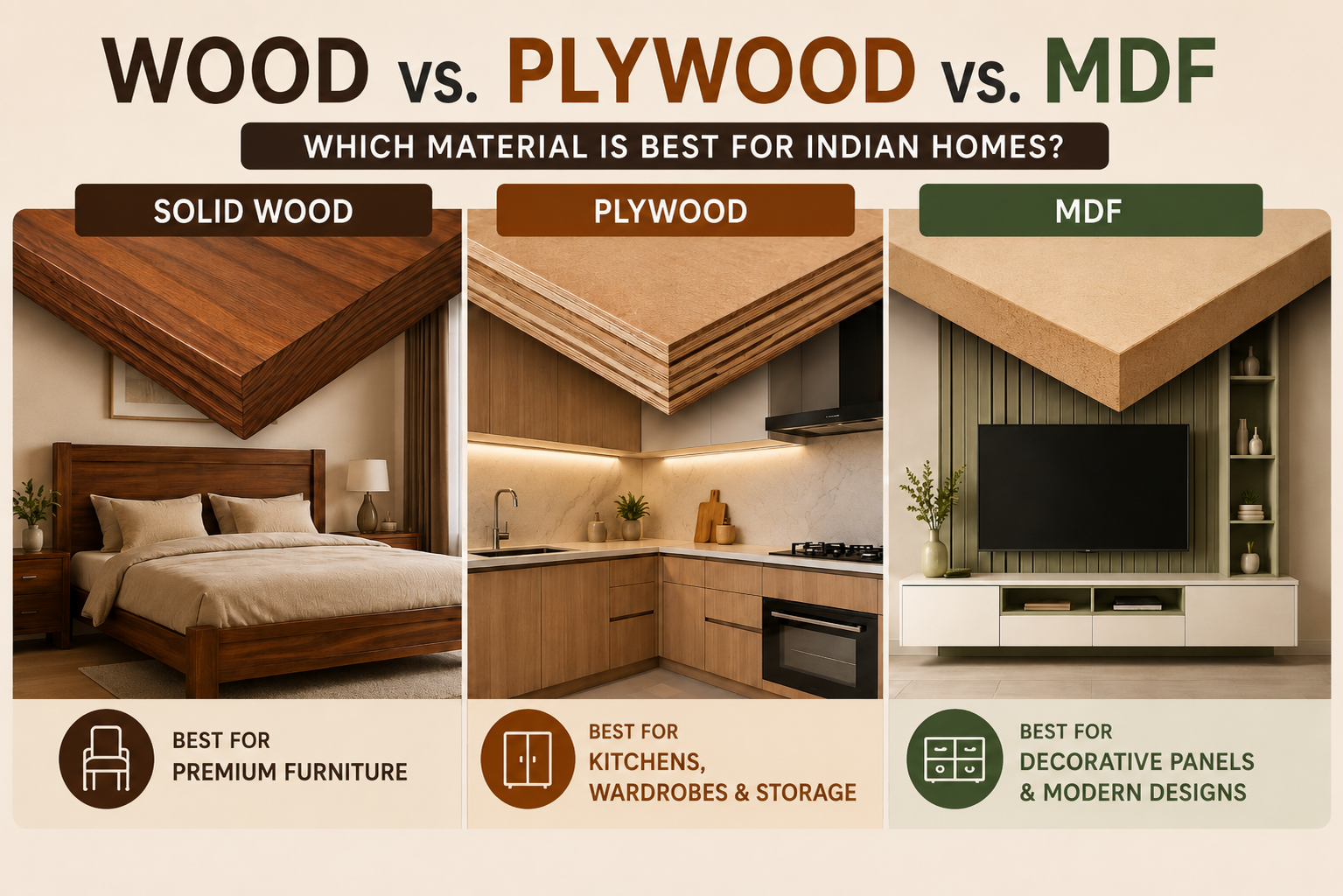 Wood vs Plywood vs MDF - spriha jain interiors