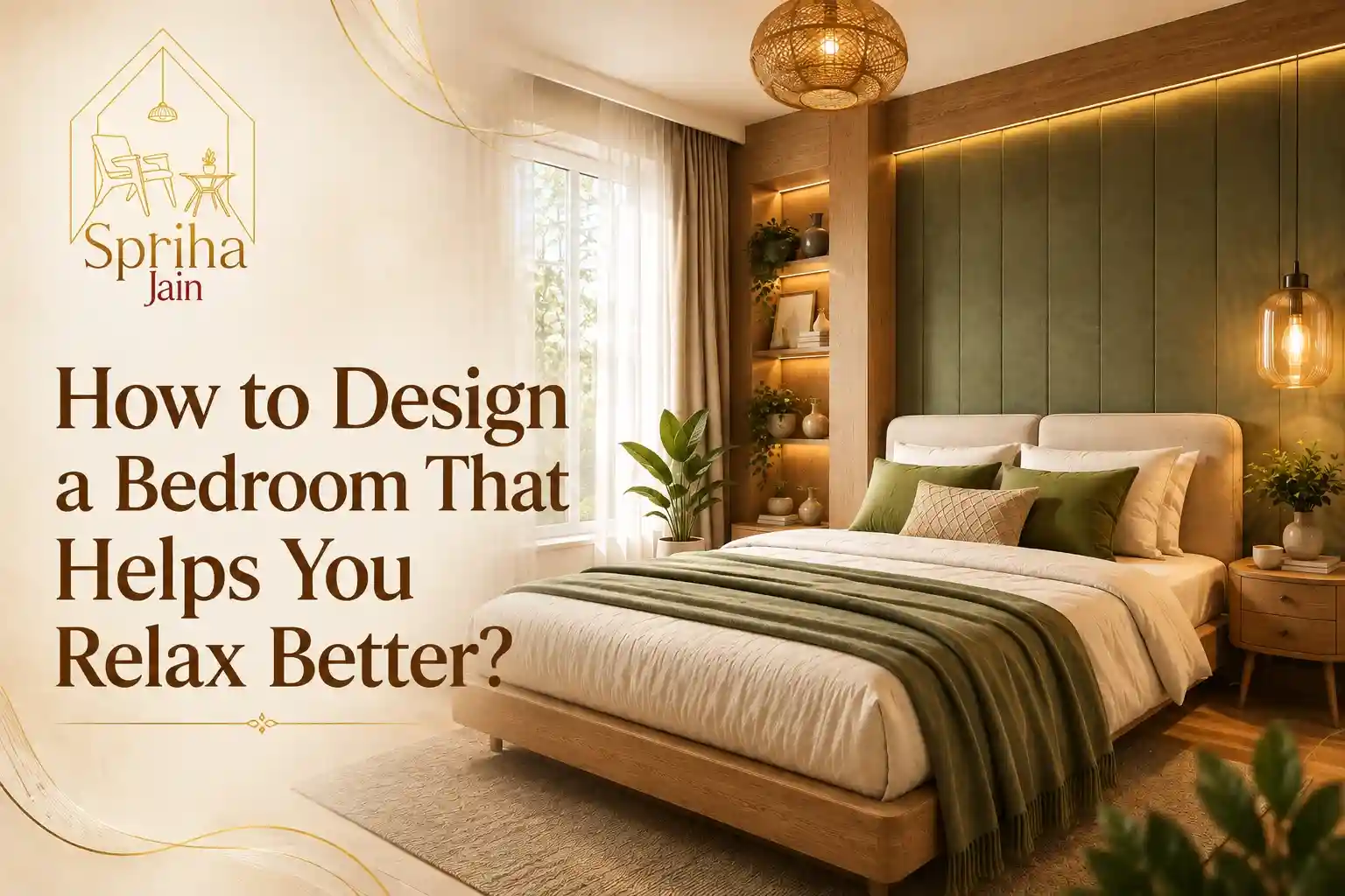 Relaxing bedroom interior design with warm wood tones and cozy lighting