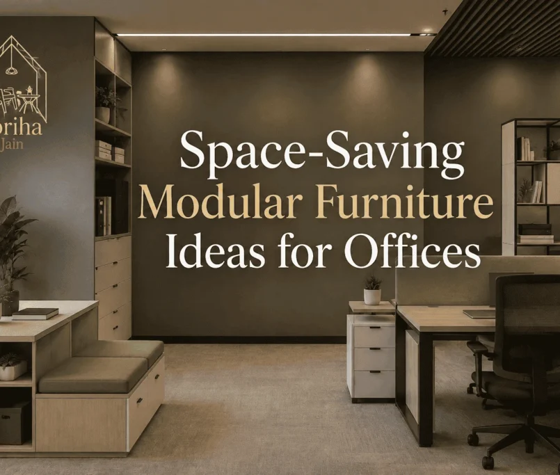 Modern office with space-saving modular furniture, smart storage solutions, ergonomic workstations, and contemporary interior design by Spriha Jain Interiors