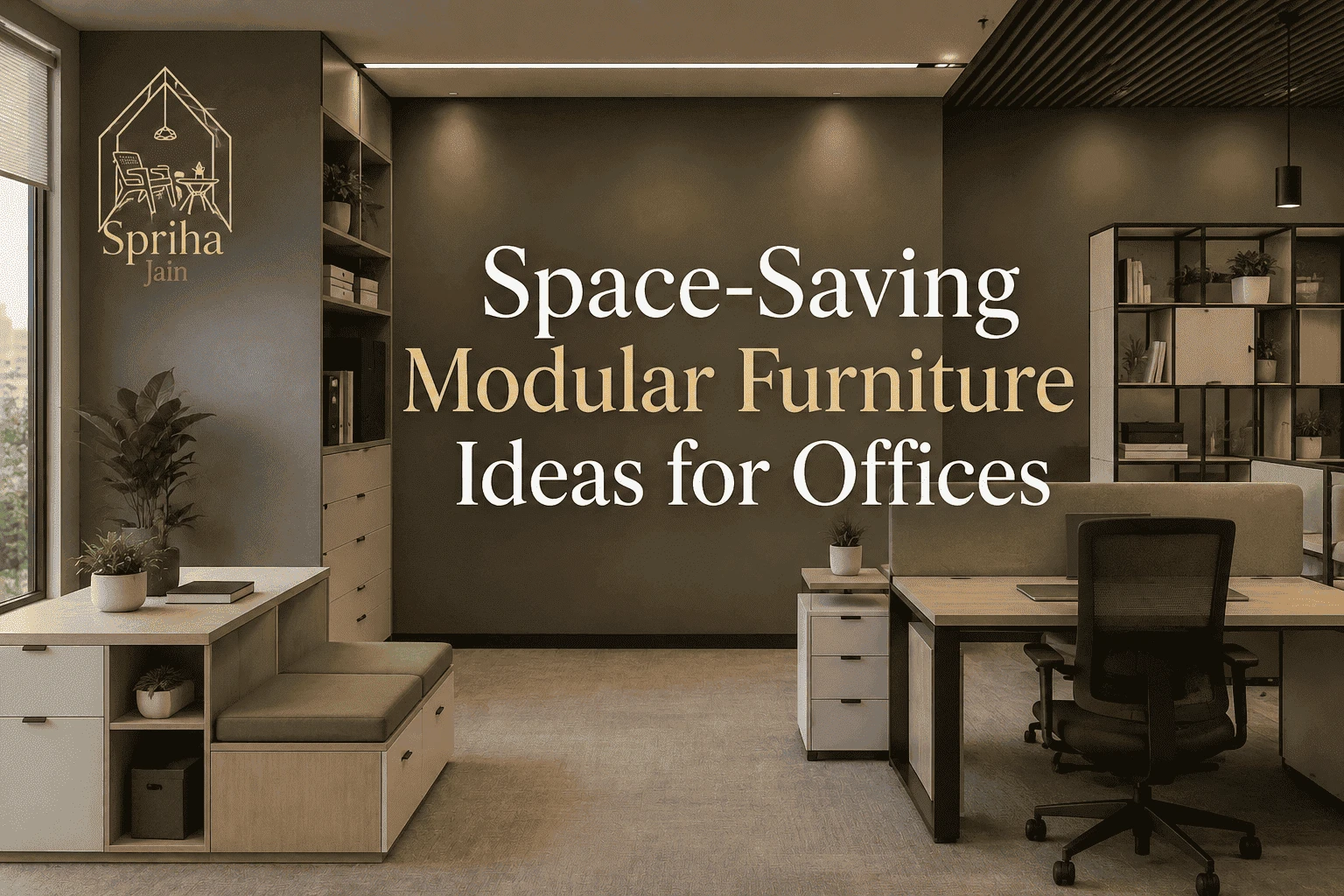 Modern office with space-saving modular furniture, smart storage solutions, ergonomic workstations, and contemporary interior design by Spriha Jain Interiors