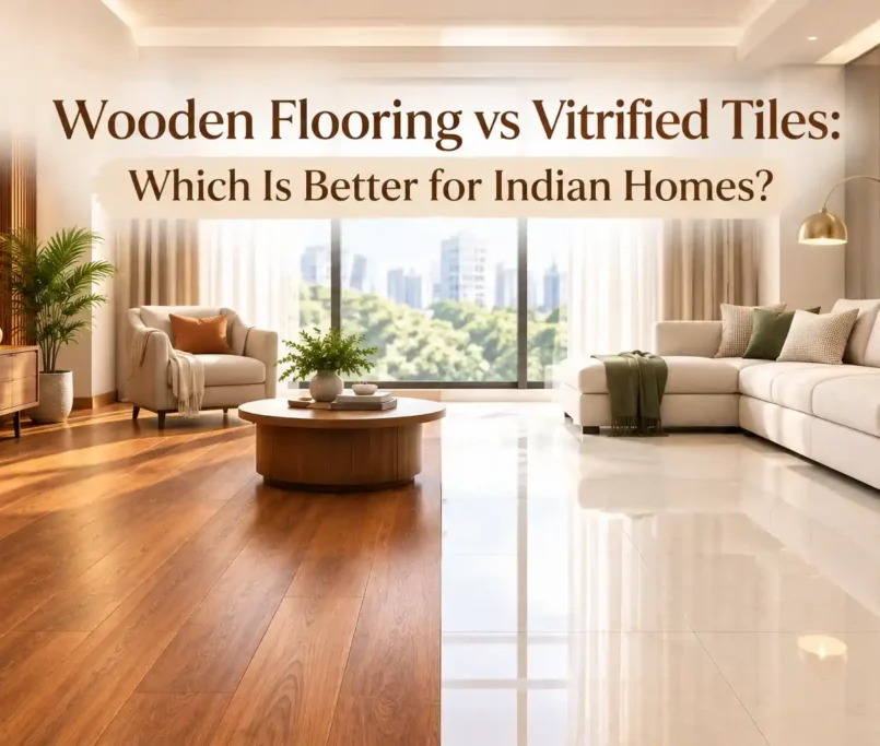 Wooden flooring vs vitrified tiles in an Indian living room by Spriha Jain Interiors