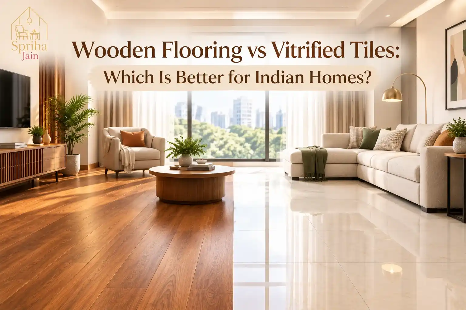 Wooden flooring vs vitrified tiles in an Indian living room by Spriha Jain Interiors